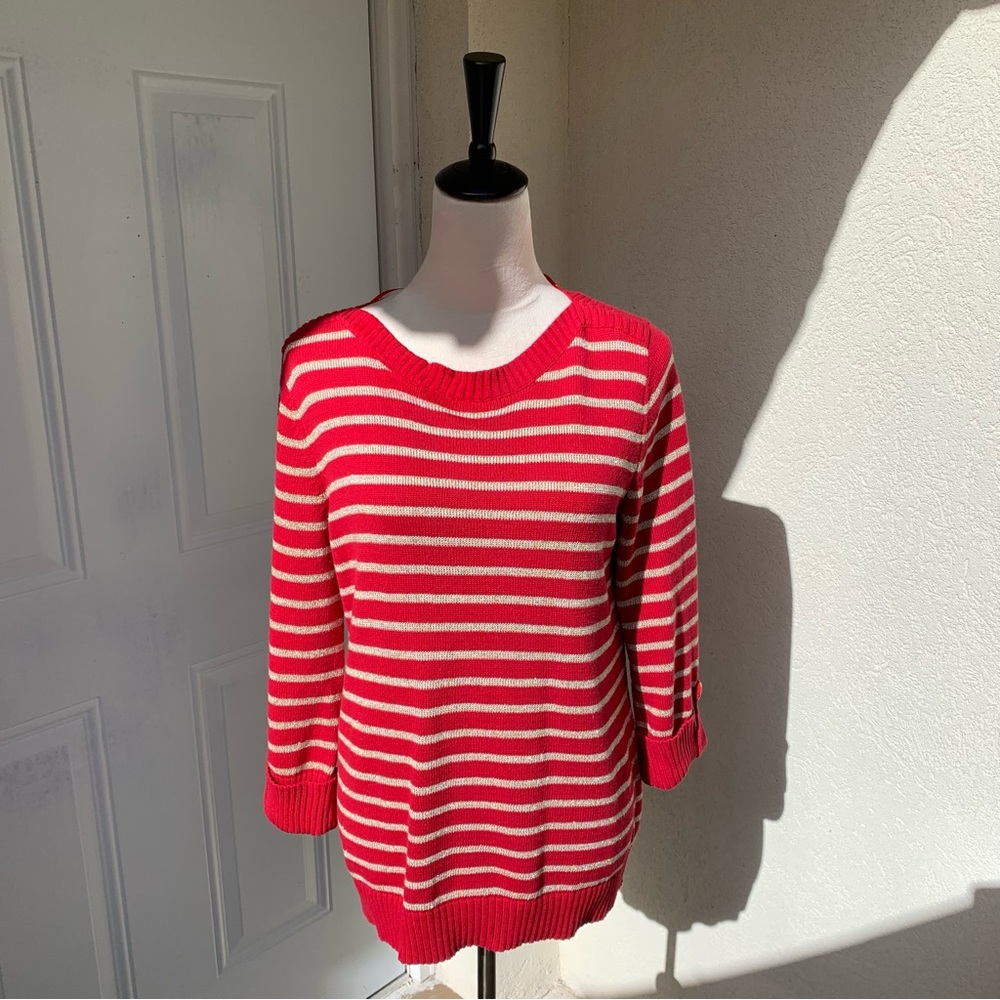 KAREN SCOTT. Red/Gold Striped Sweater. Shiny Gold for a Special‎ Day! Siz…